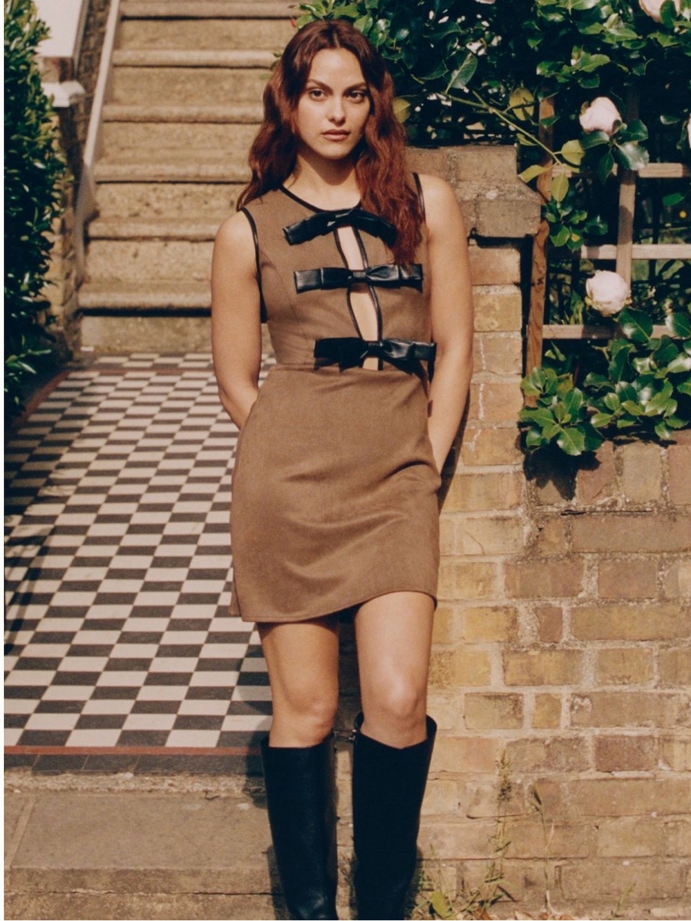 Anthropologie - Flat White - Suede Bow Front Sleeveless Dress